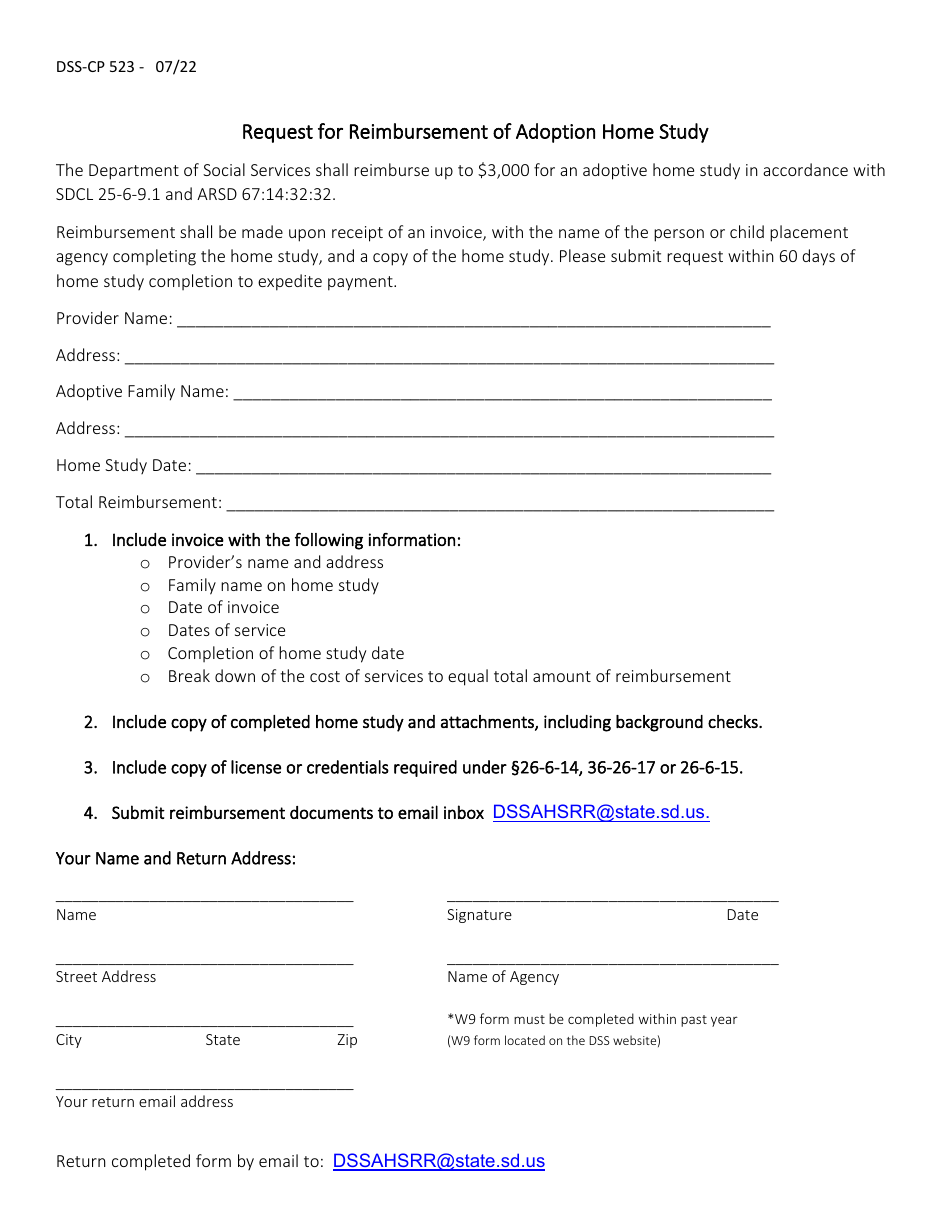Form DSS-CP-523 Request for Reimbursement of Adoption Home Study - South Dakota, Page 1