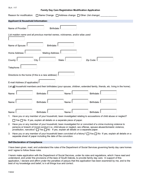 Form OLA-117 Family Day Care Registration Modification Application - South Dakota