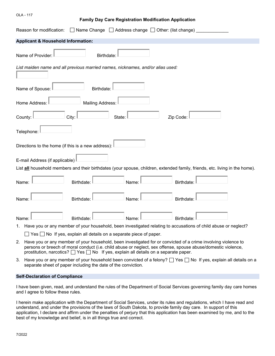 Form OLA-117 Family Day Care Registration Modification Application - South Dakota, Page 1