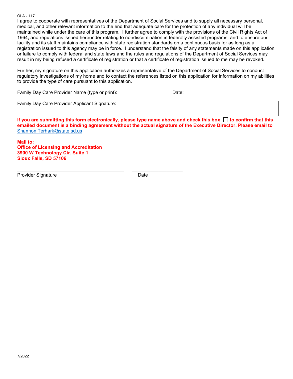Form OLA-117 Family Day Care Registration Modification Application - South Dakota, Page 2