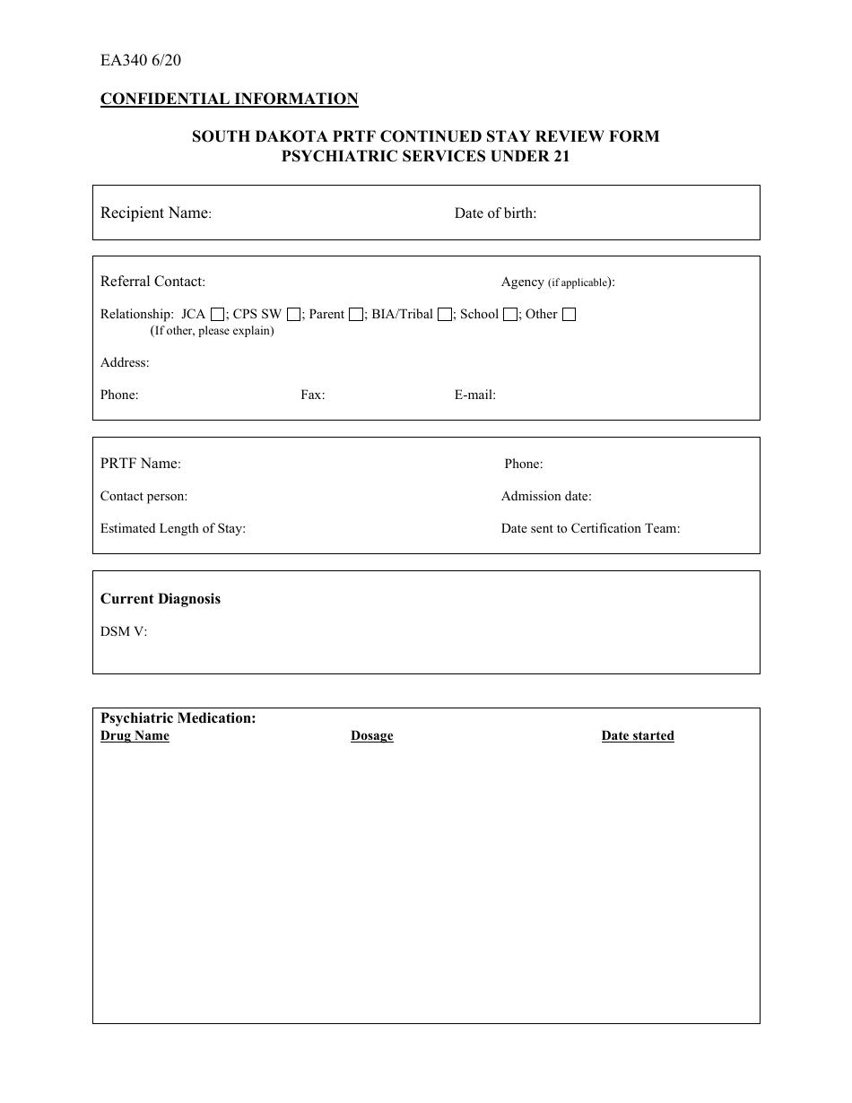 Form EA340 South Dakota Prtf Continued Stay Review Form - Psychiatric Services Under 21 - South Dakota, Page 1