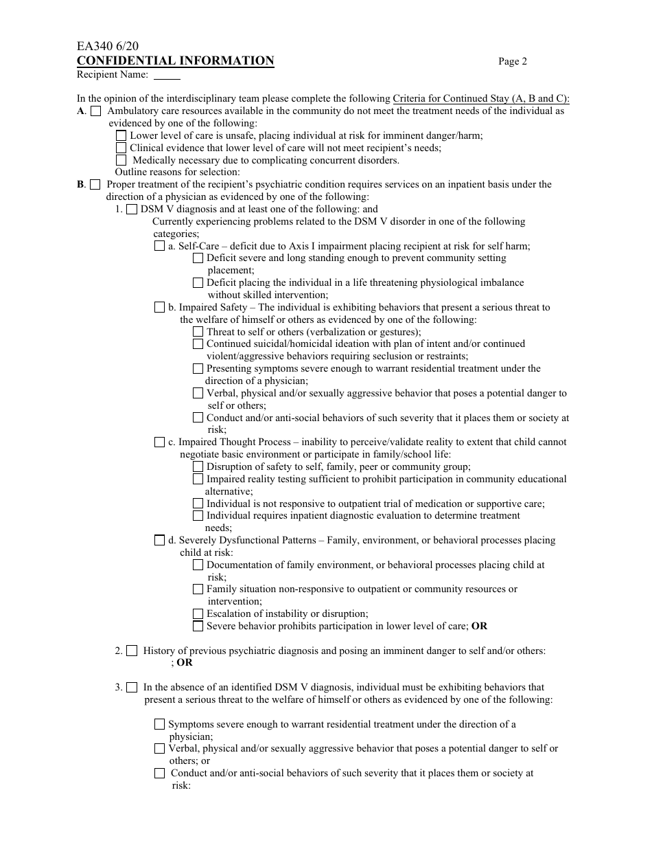 Form EA340 South Dakota Prtf Continued Stay Review Form - Psychiatric Services Under 21 - South Dakota, Page 2