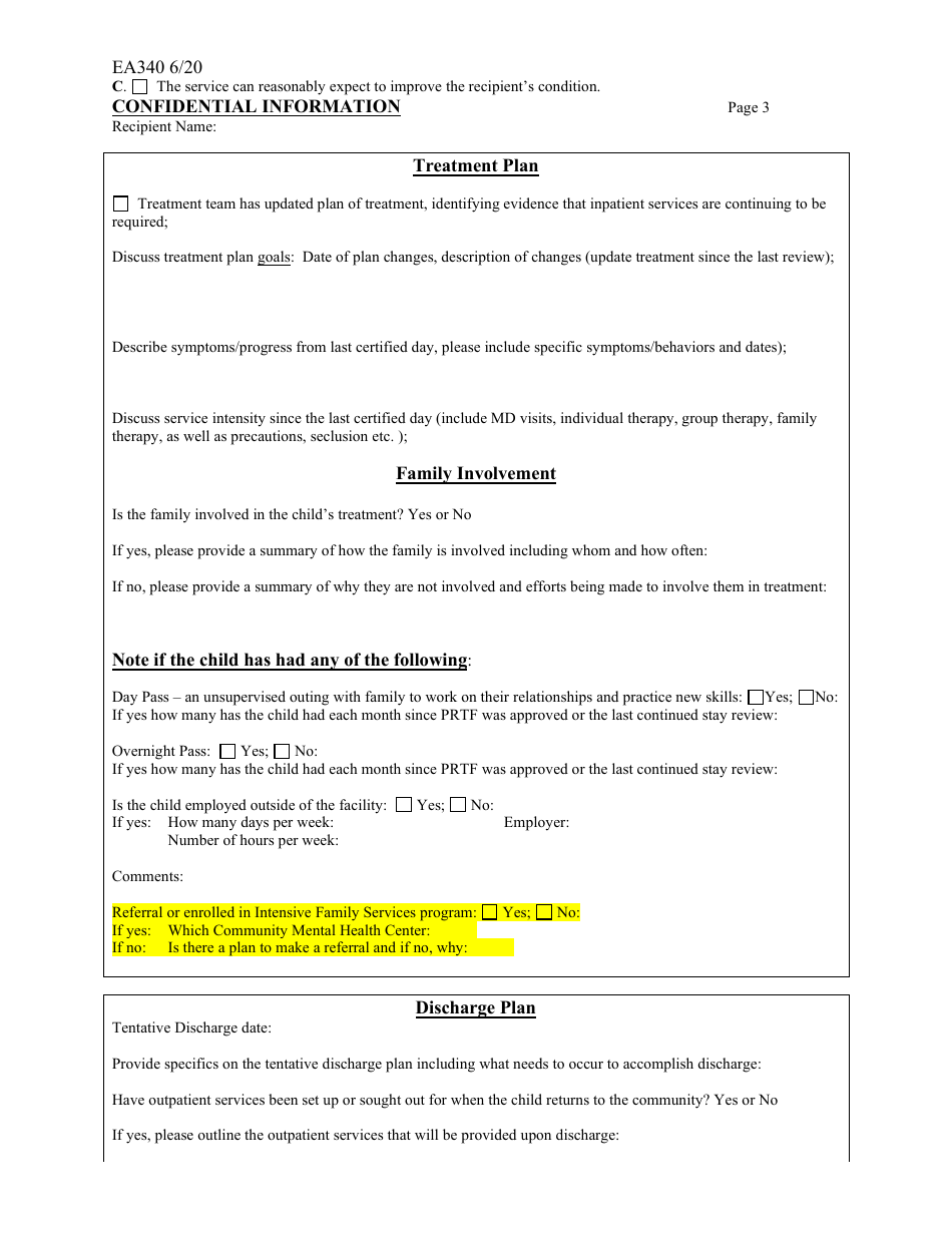 Form EA340 South Dakota Prtf Continued Stay Review Form - Psychiatric Services Under 21 - South Dakota, Page 3