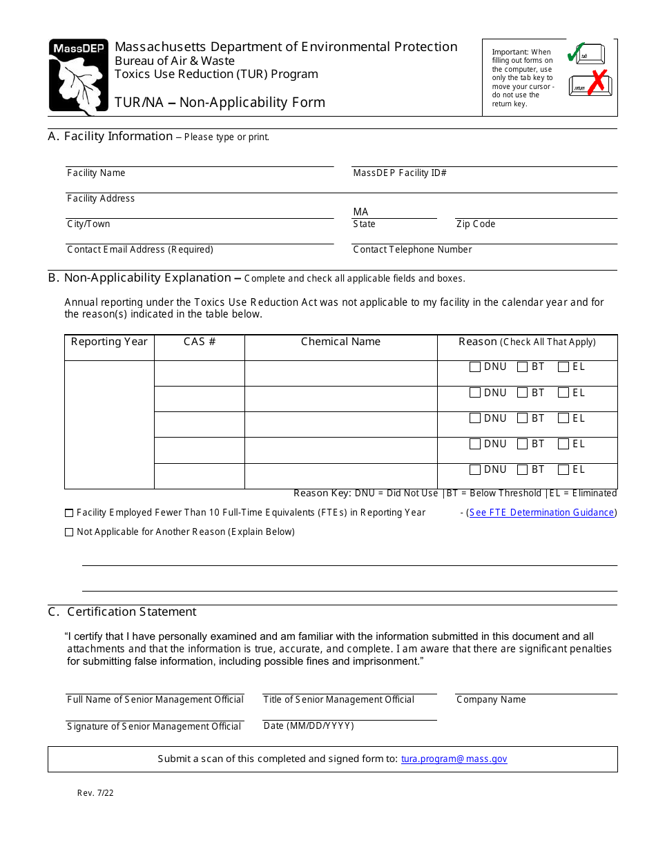 Tur / Na - Non-applicability Form - Toxics Use Reduction (Tur) Program - Massachusetts, Page 1