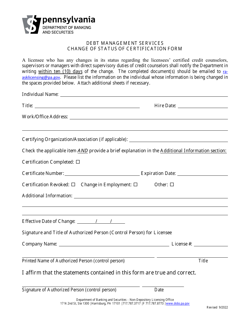 Debt Management Services Change of Status of Certification Form - Pennsylvania, Page 1