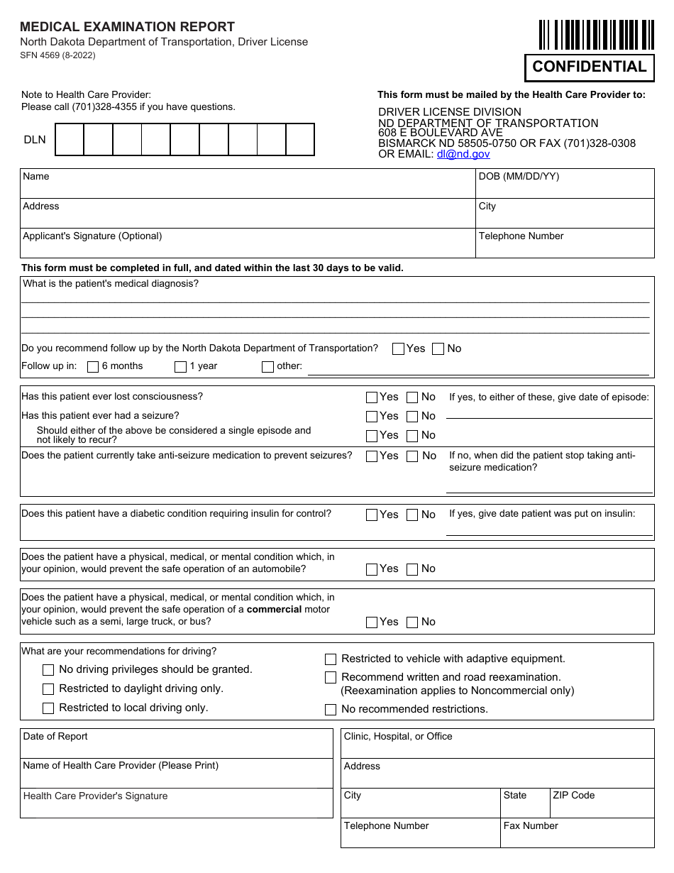 Form SFN4569 Medical Examination Report - North Dakota, Page 1