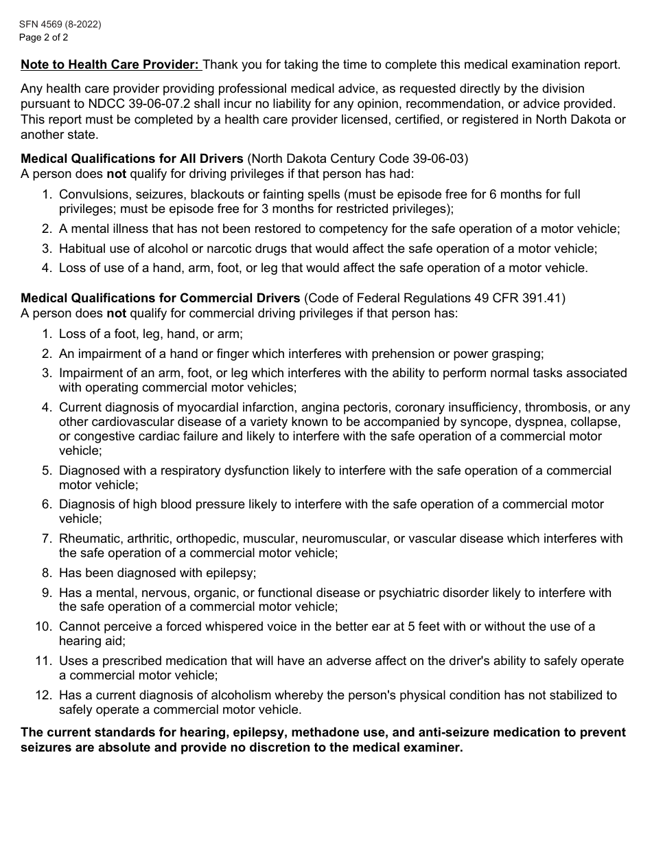 Form SFN4569 Medical Examination Report - North Dakota, Page 2