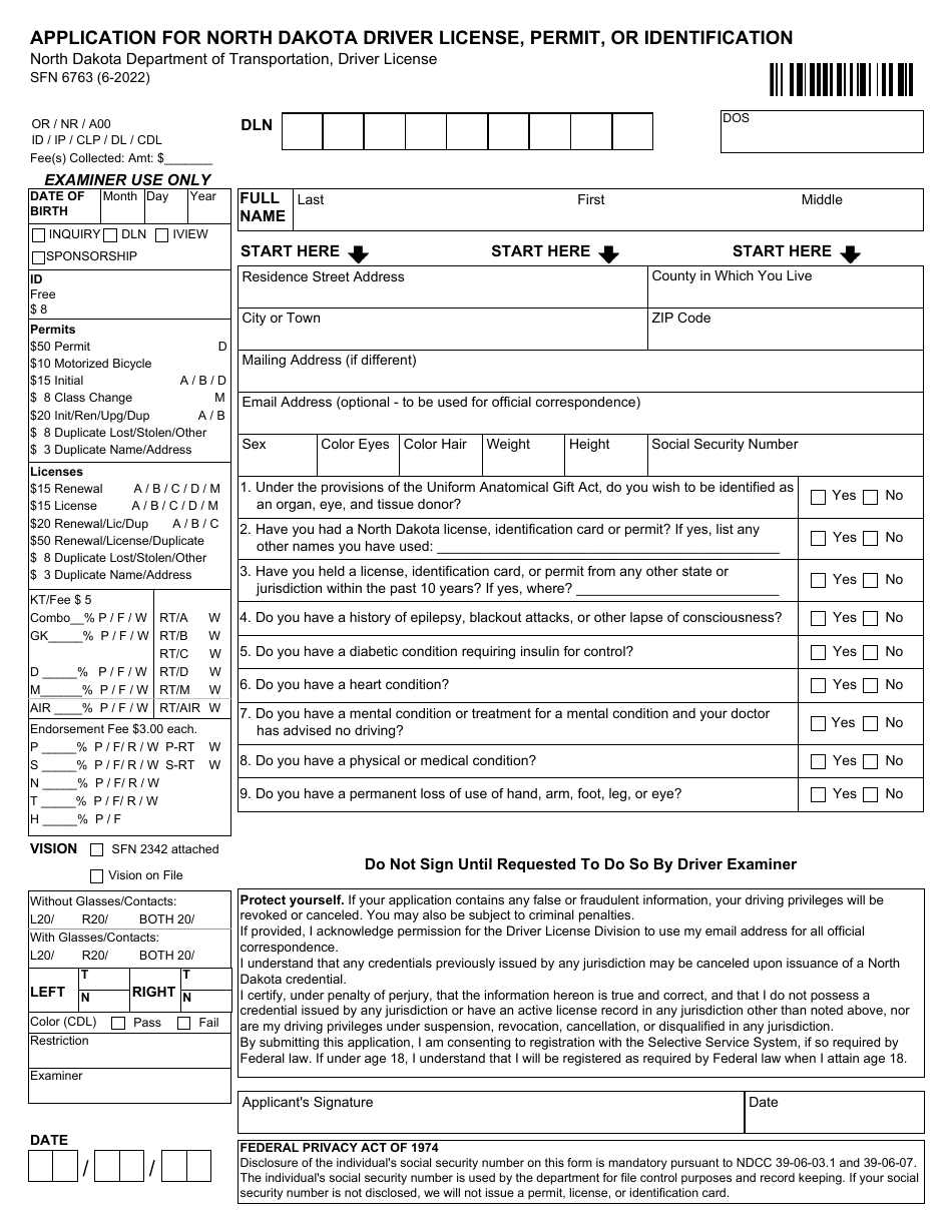 Form SFN6763 Application for North Dakota Driver License, Permit, or Identification - North Dakota, Page 1