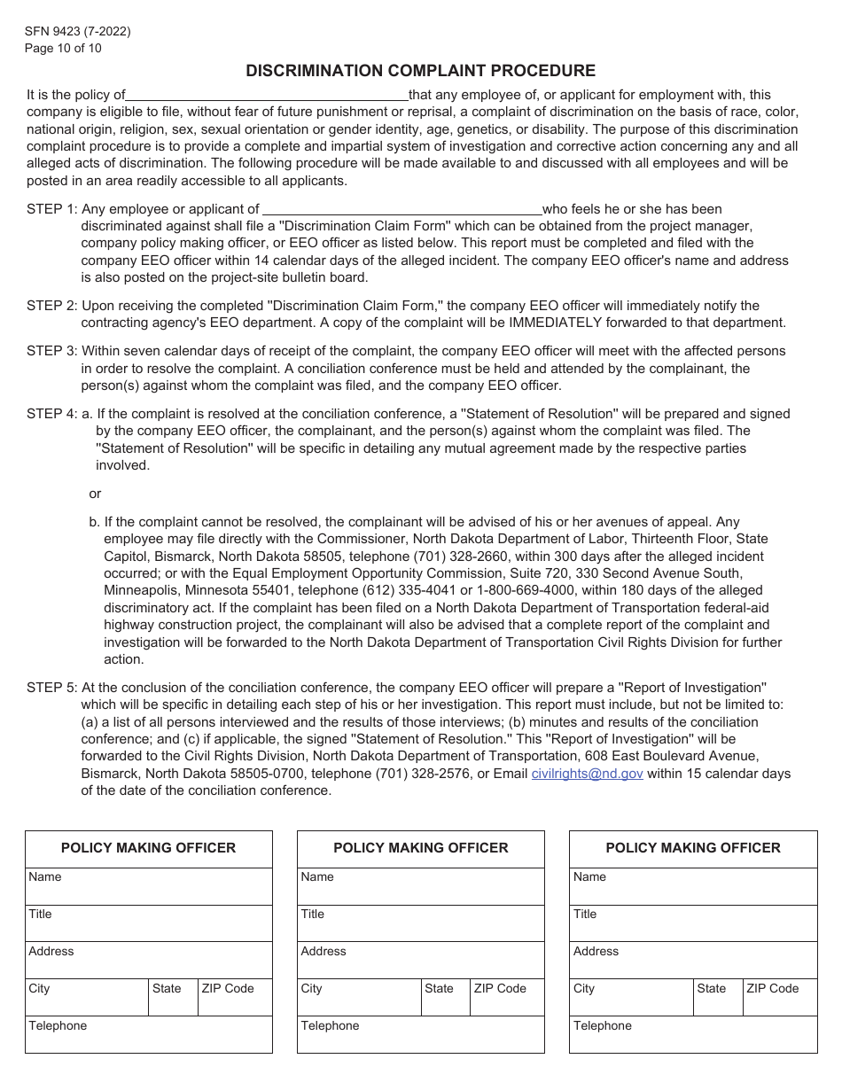 Form SFN9423 Pre-construction Conference - Equal Employment Opportunity (EEO), Title VI, Labor Standards, and Dbe Participation Information - North Dakota, Page 10