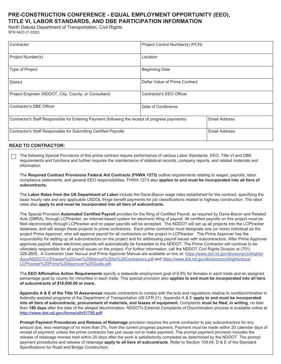 Form SFN9423 Pre-construction Conference - Equal Employment Opportunity (EEO), Title VI, Labor Standards, and Dbe Participation Information - North Dakota, Page 1