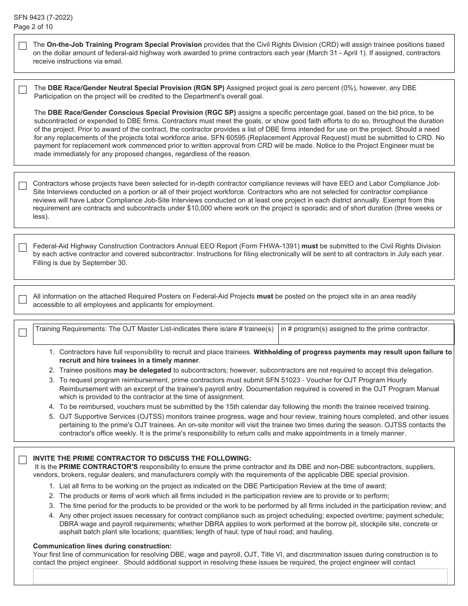 Form SFN9423 Pre-construction Conference - Equal Employment Opportunity (EEO), Title VI, Labor Standards, and Dbe Participation Information - North Dakota, Page 2