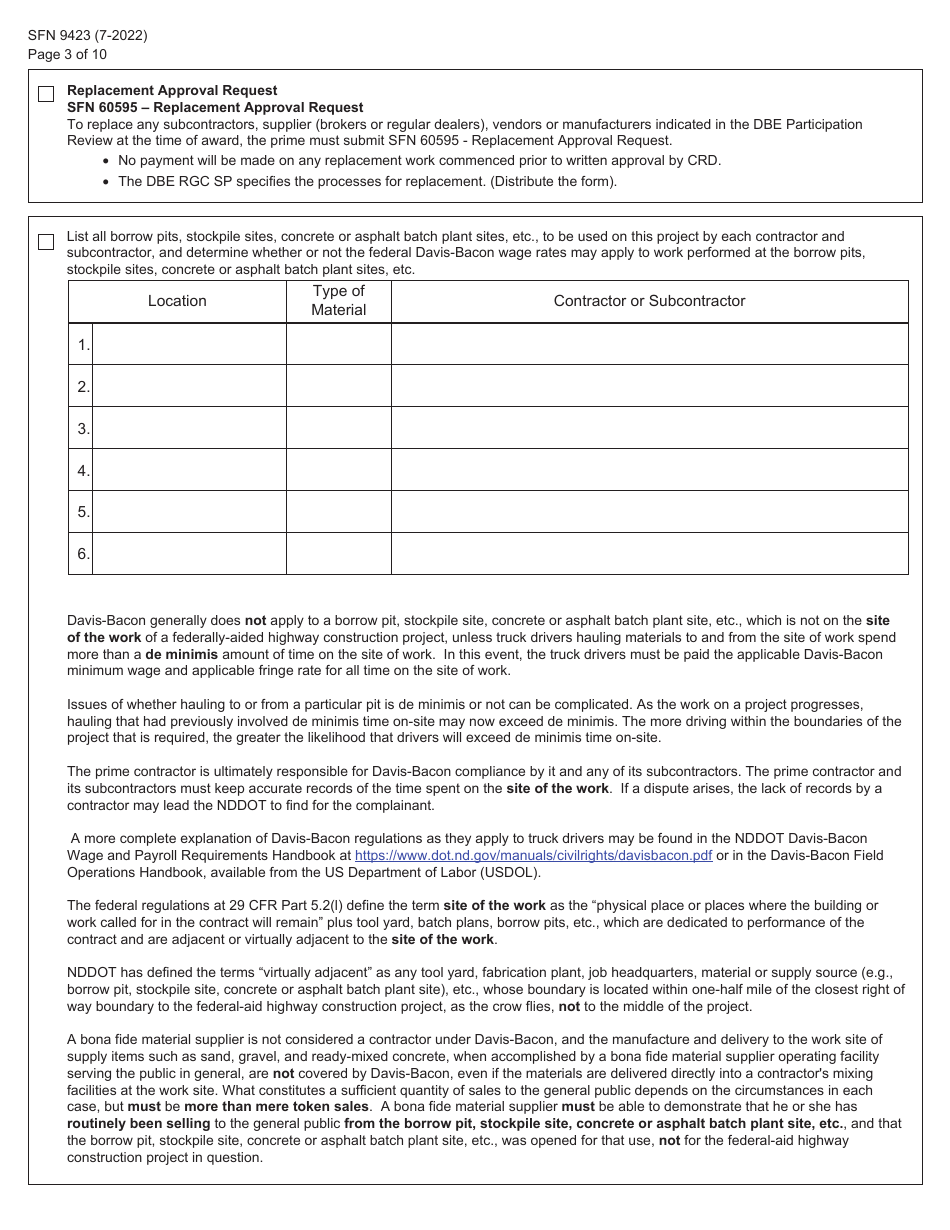 Form SFN9423 Pre-construction Conference - Equal Employment Opportunity (EEO), Title VI, Labor Standards, and Dbe Participation Information - North Dakota, Page 3