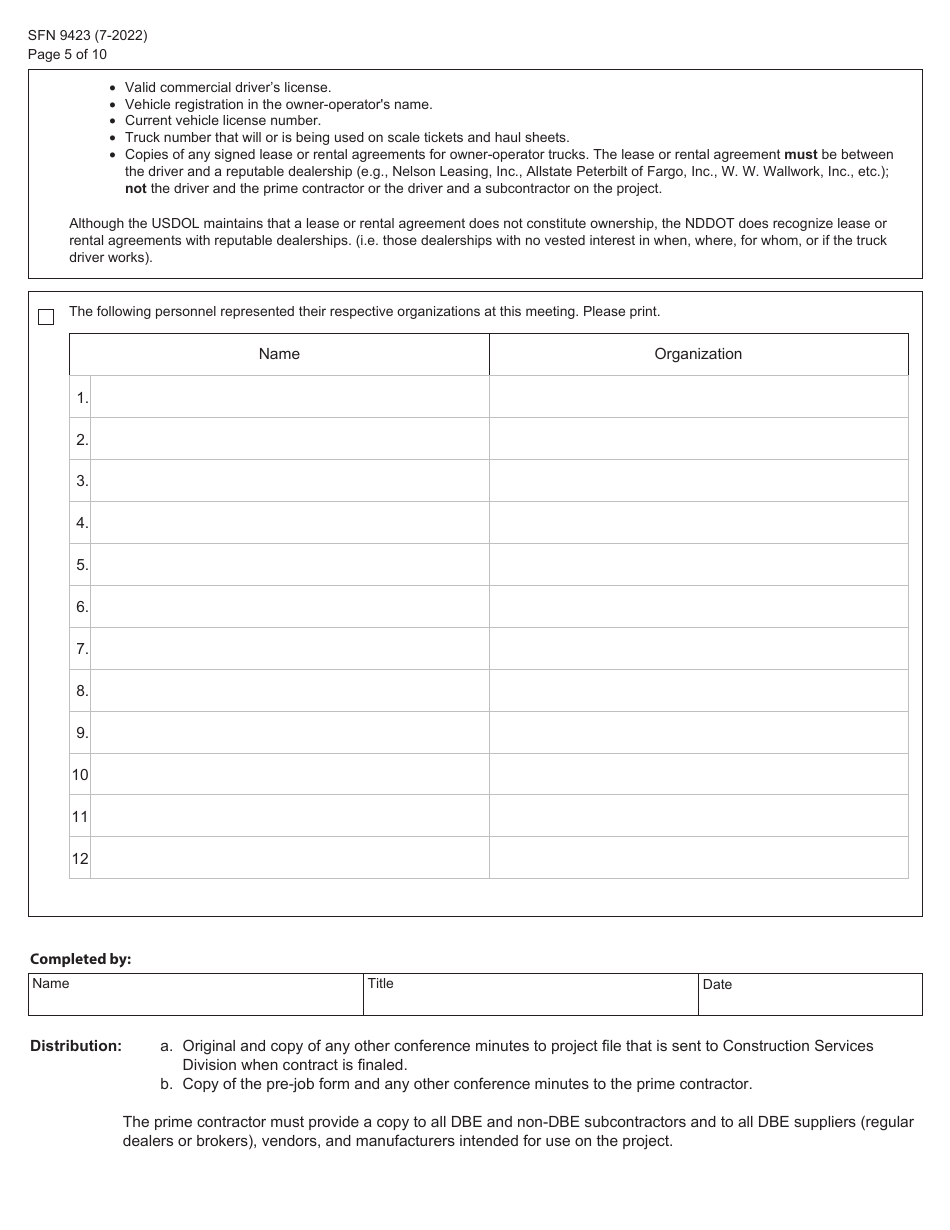 Form SFN9423 Pre-construction Conference - Equal Employment Opportunity (EEO), Title VI, Labor Standards, and Dbe Participation Information - North Dakota, Page 5