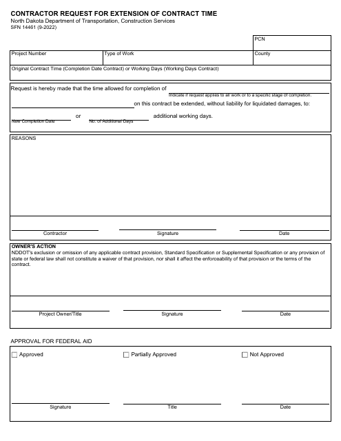 Form SFN14461 Contractor Request for Extension of Contract Time - North Dakota