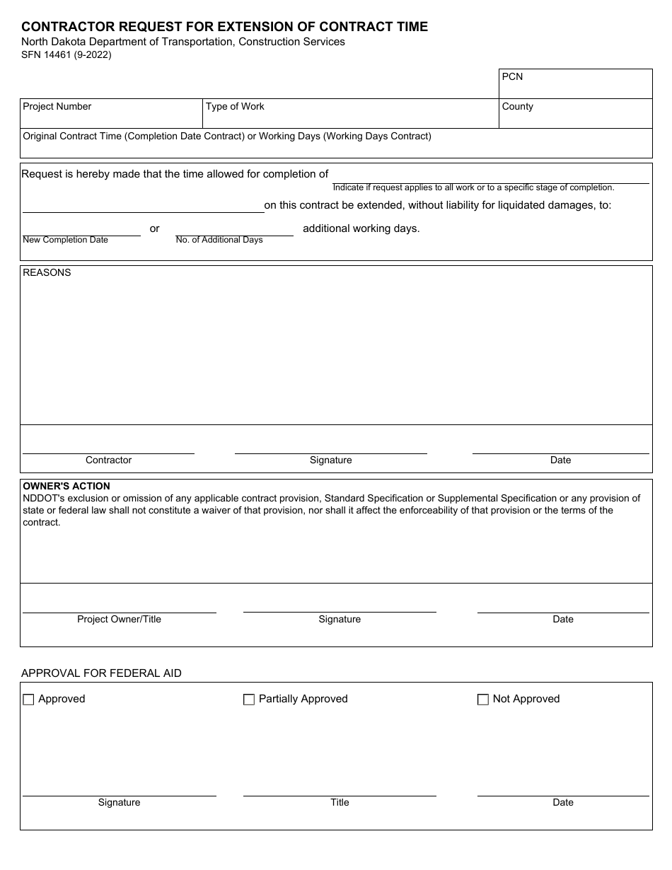 Form SFN14461 Contractor Request for Extension of Contract Time - North Dakota, Page 1