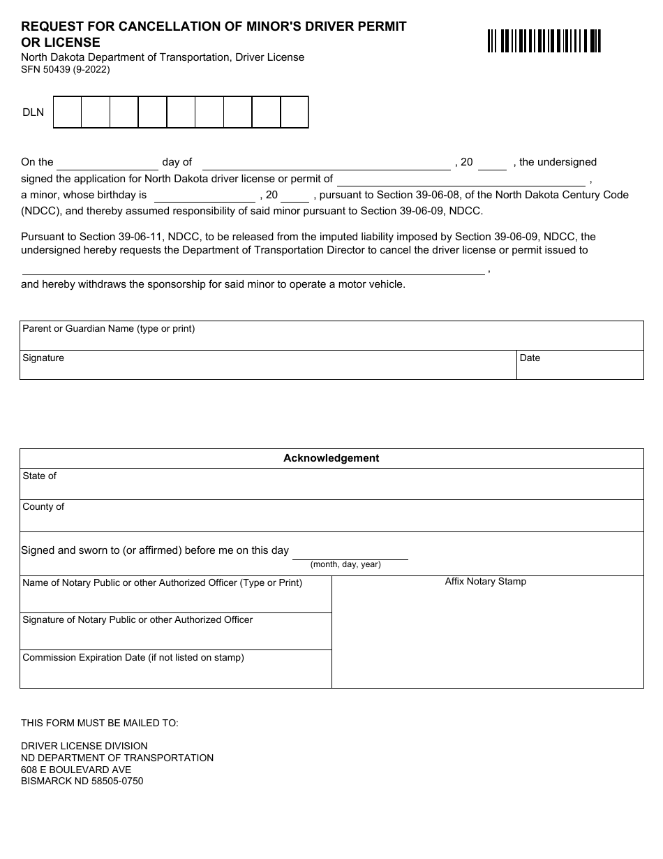 Form SFN50439 Request for Cancellation of Minors Driver Permit or License - North Dakota, Page 1