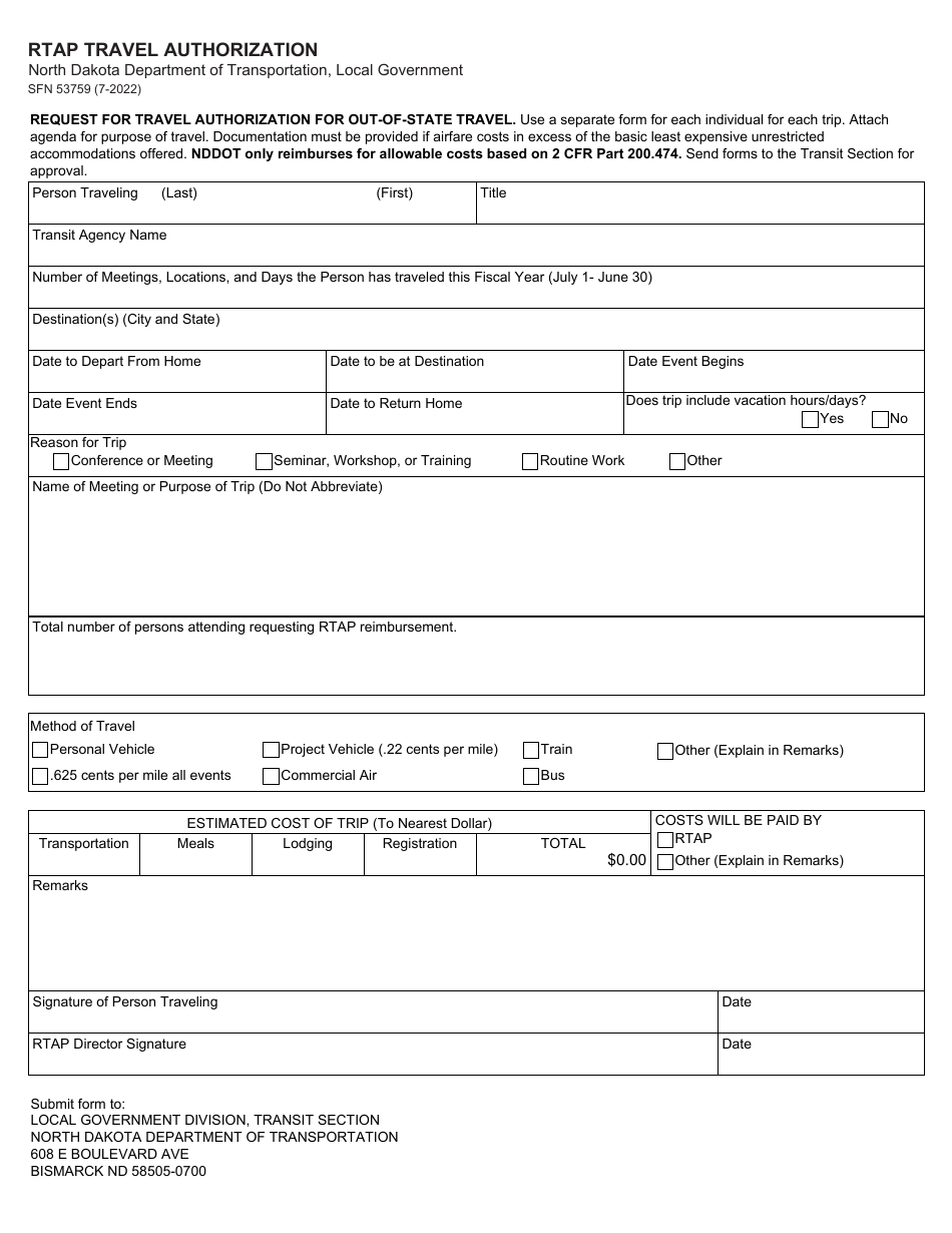 Form SFN53759 Rtap Travel Authorization - North Dakota, Page 1