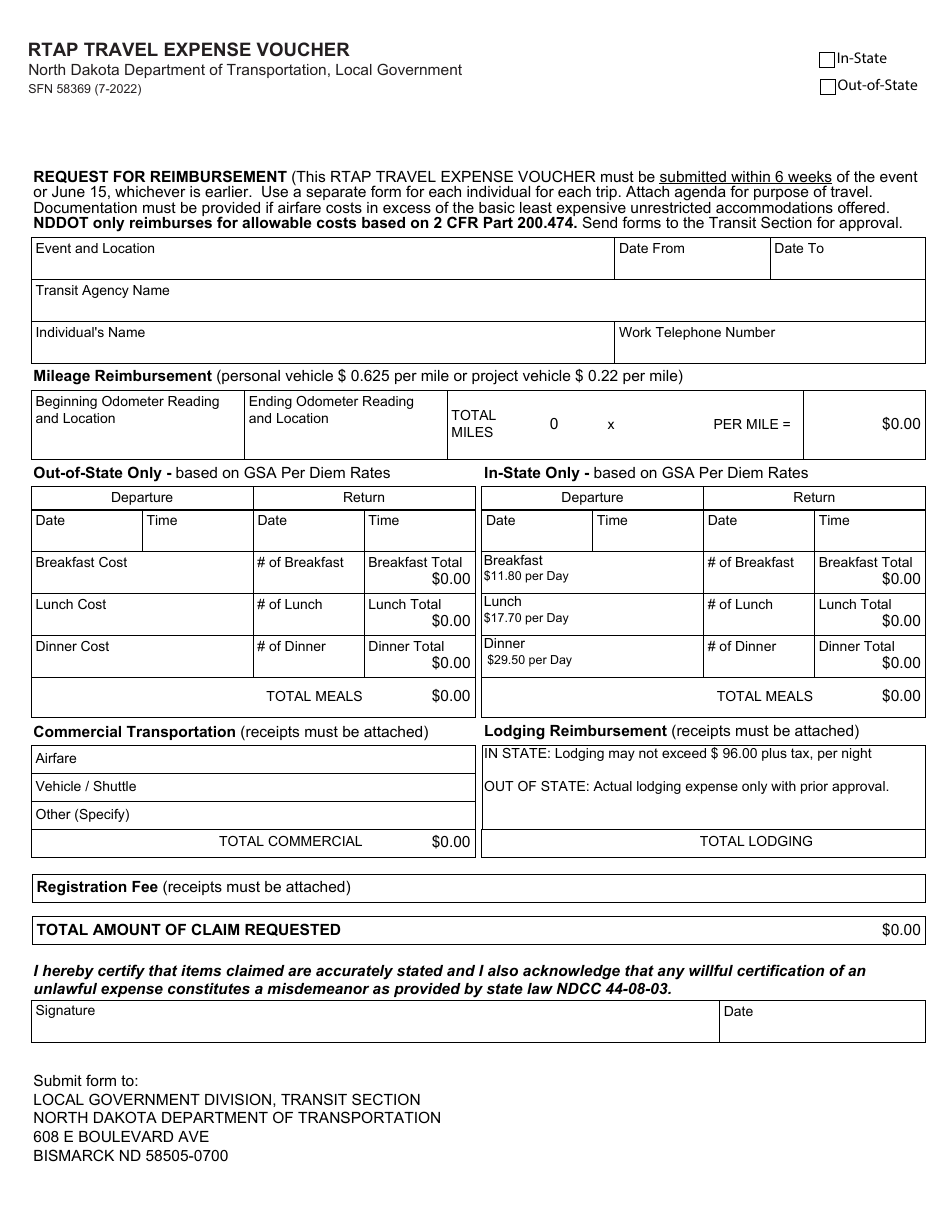 Form SFN58369 Rtap Travel Expense Voucher - North Dakota, Page 1