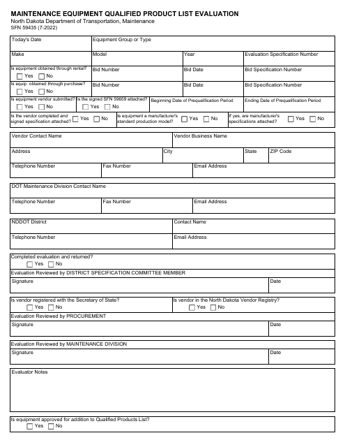 Form SFN59435 Maintenance Equipment Qualified Product List Evaluation - North Dakota