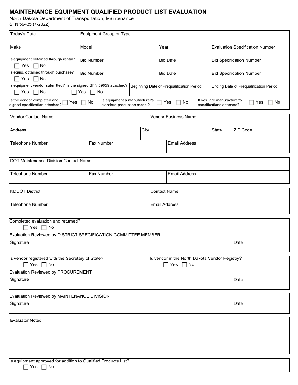 Form SFN59435 Maintenance Equipment Qualified Product List Evaluation - North Dakota, Page 1