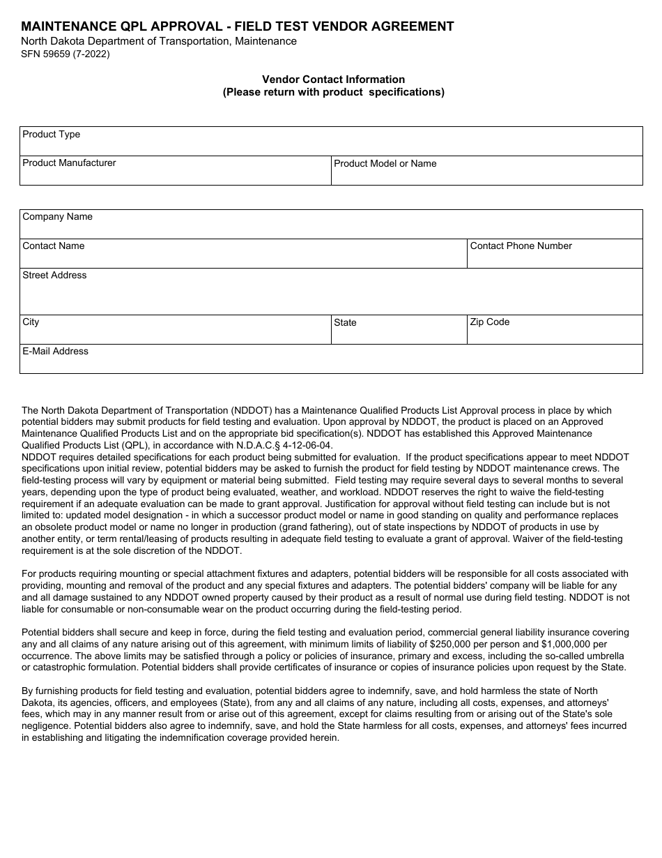 Form SFN59659 Maintenance Qpl Approval - Field Test Vendor Agreement - North Dakota, Page 1