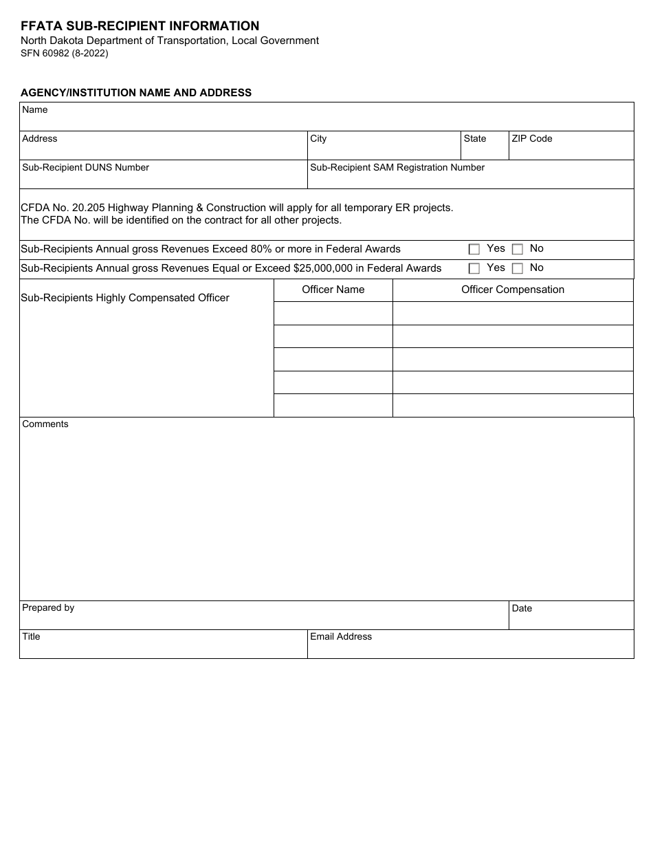 Form SFN60982 Ffata Sub-recipient Information - North Dakota, Page 1