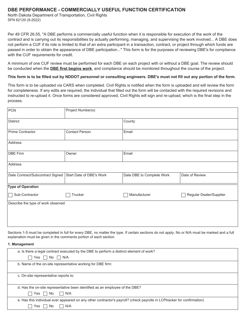 Form SFN62120 Dbe Performance - Commercially Useful Function Certification - North Dakota, Page 1