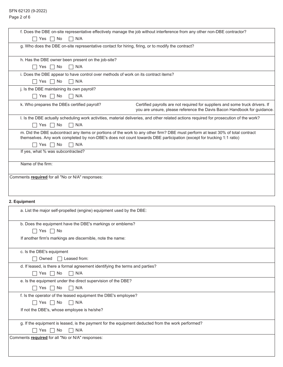 Form SFN62120 Dbe Performance - Commercially Useful Function Certification - North Dakota, Page 2