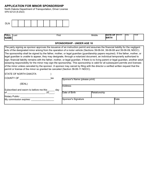 Form SFN62123 Application for Minor Sponsorship - North Dakota