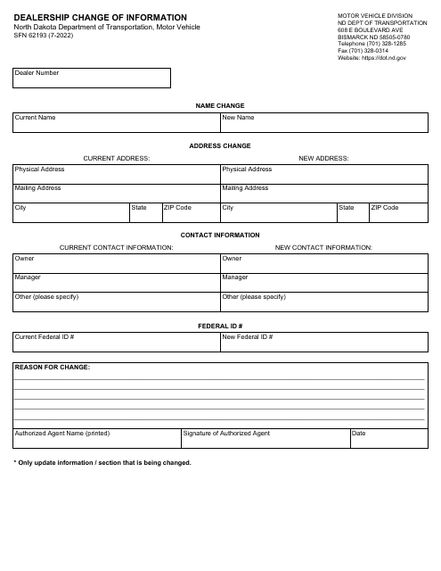 Form SFN62193 Dealership Change of Information - North Dakota