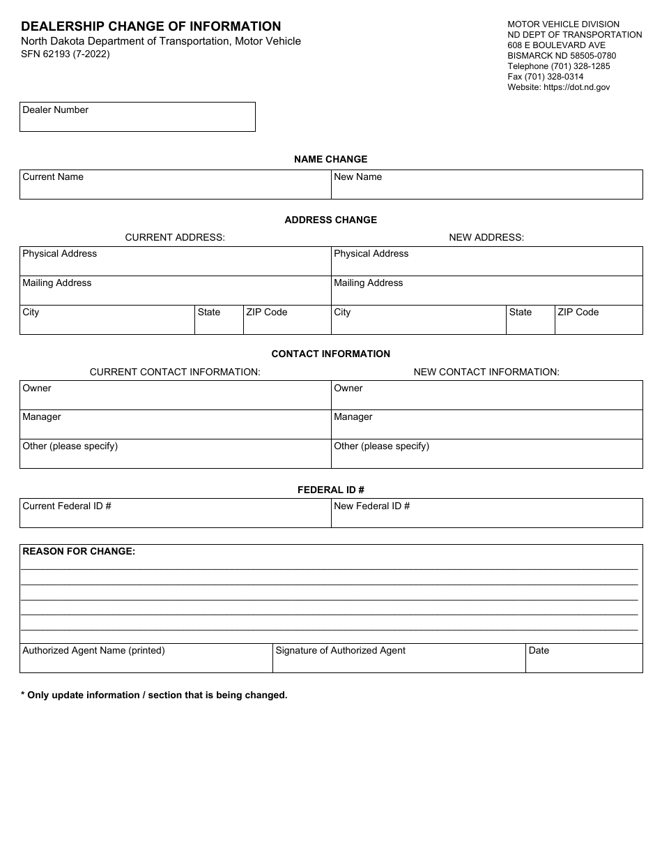 Form SFN62193 Dealership Change of Information - North Dakota, Page 1