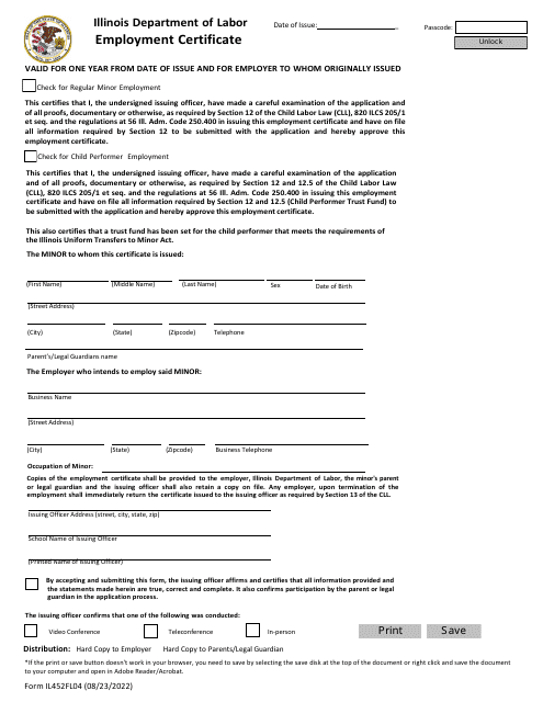 Form IL452FL04 Employment Certificate - Illinois