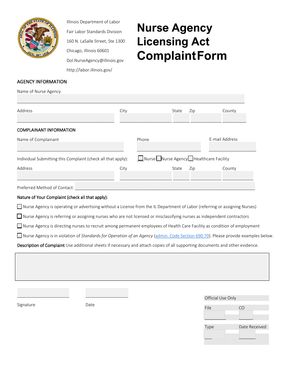Nurse Agency Licensing Act Complaint Form - Illinois, Page 1