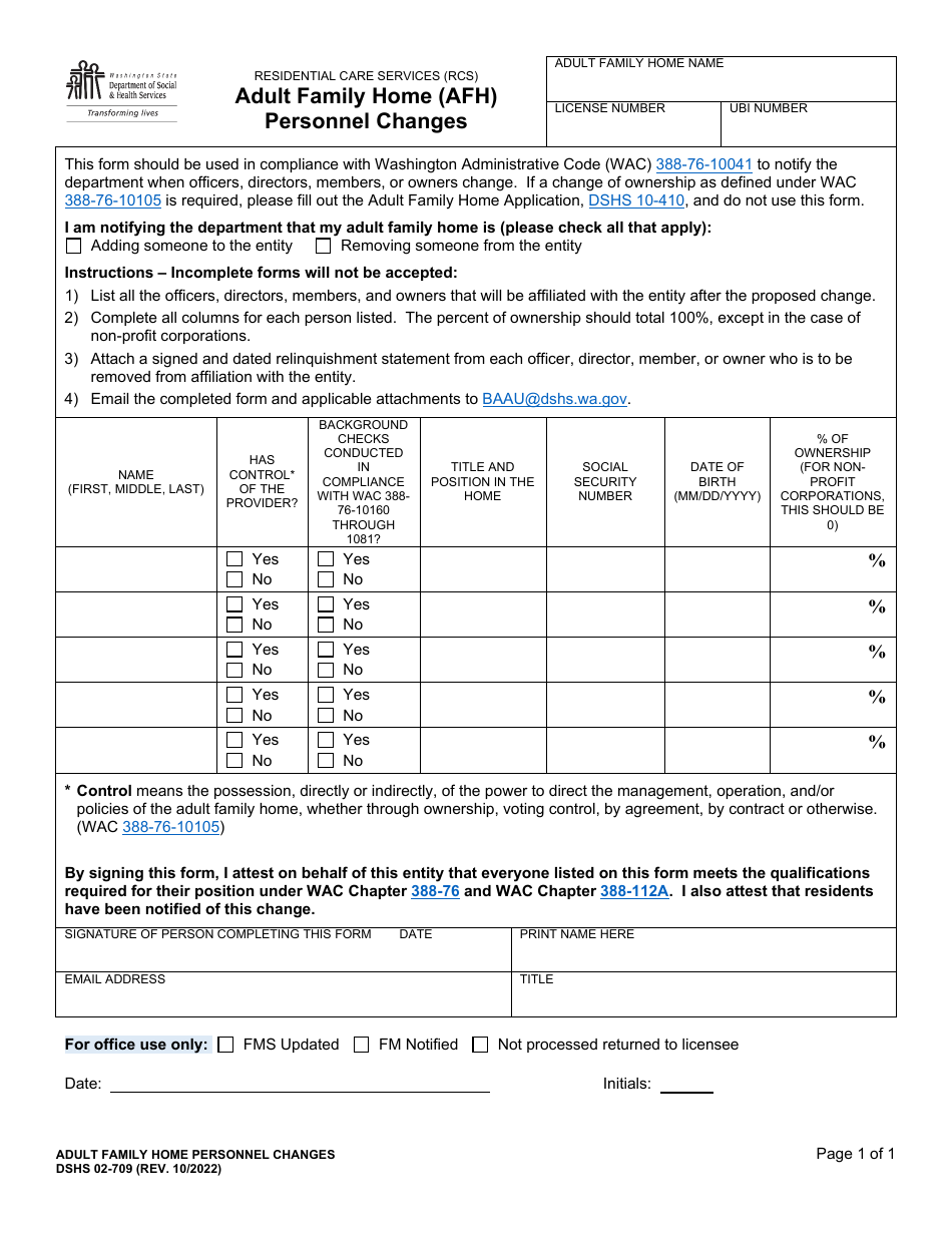 DSHS Form 02709 Download Printable PDF or Fill Online Adult Family