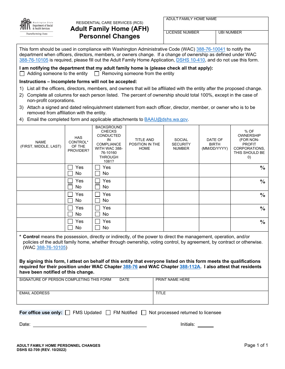DSHS Form 02-709 Adult Family Home (Afh) Personnel Changes - Washington, Page 1