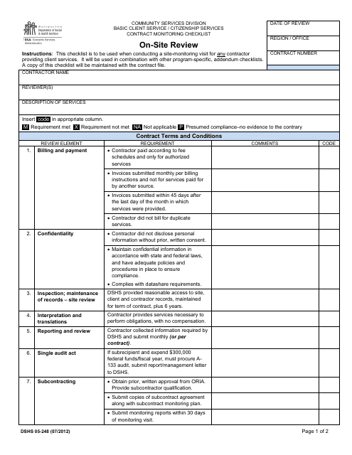 DSHS Form 05-248 On-Site Review - Washington