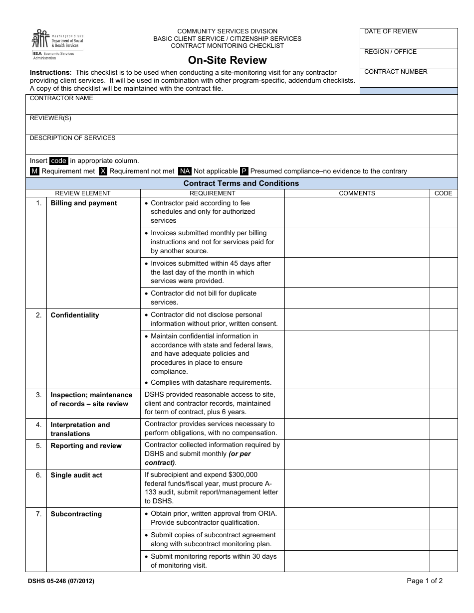 DSHS Form 05-248 On-Site Review - Washington, Page 1