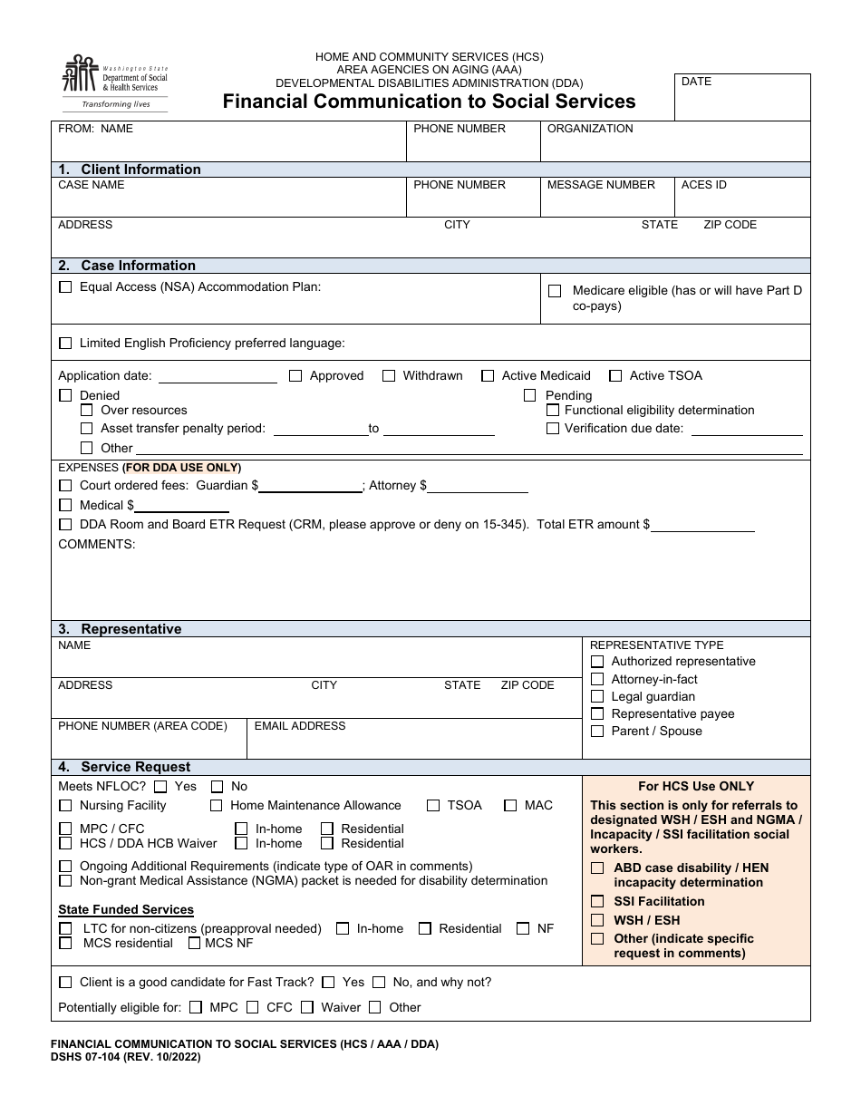 DSHS Form 07-104 Financial Communication to Social Services - Washington, Page 1