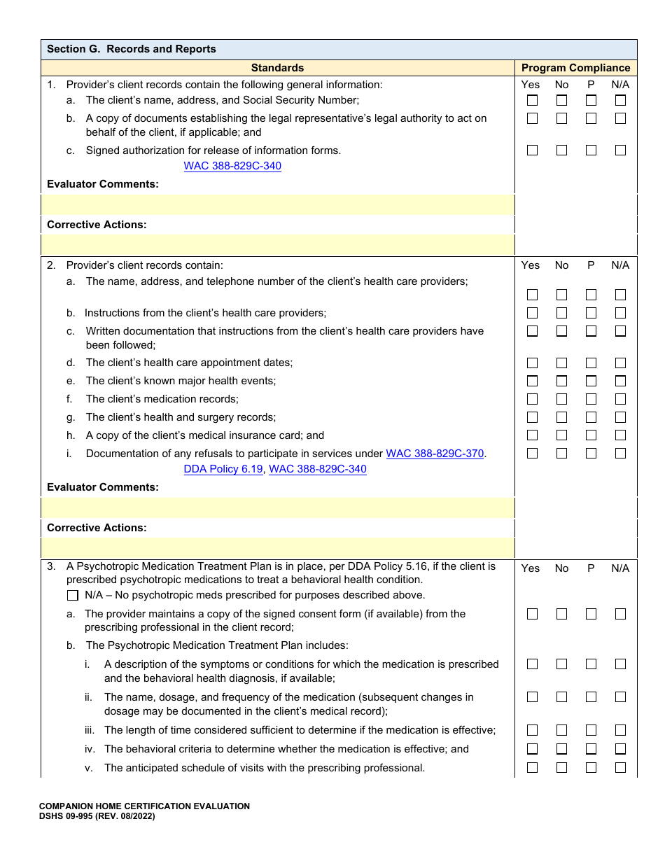 DSHS Form 09-995 Companion Home Certification Evaluation - Washington, Page 10