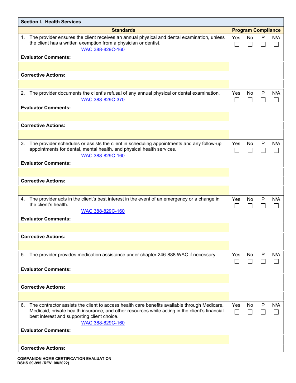 DSHS Form 09-995 Companion Home Certification Evaluation - Washington, Page 14