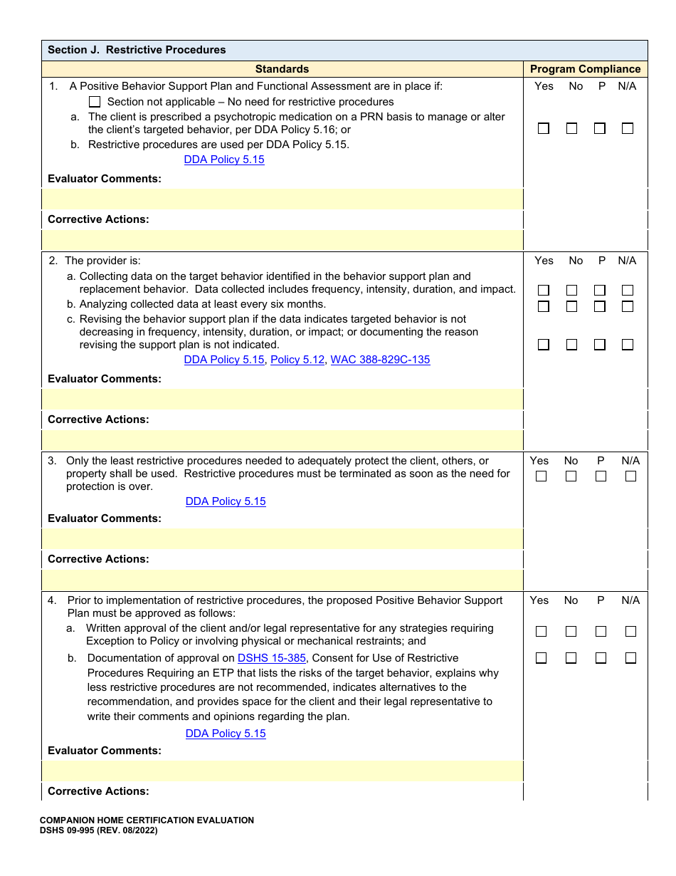 DSHS Form 09-995 Companion Home Certification Evaluation - Washington, Page 16