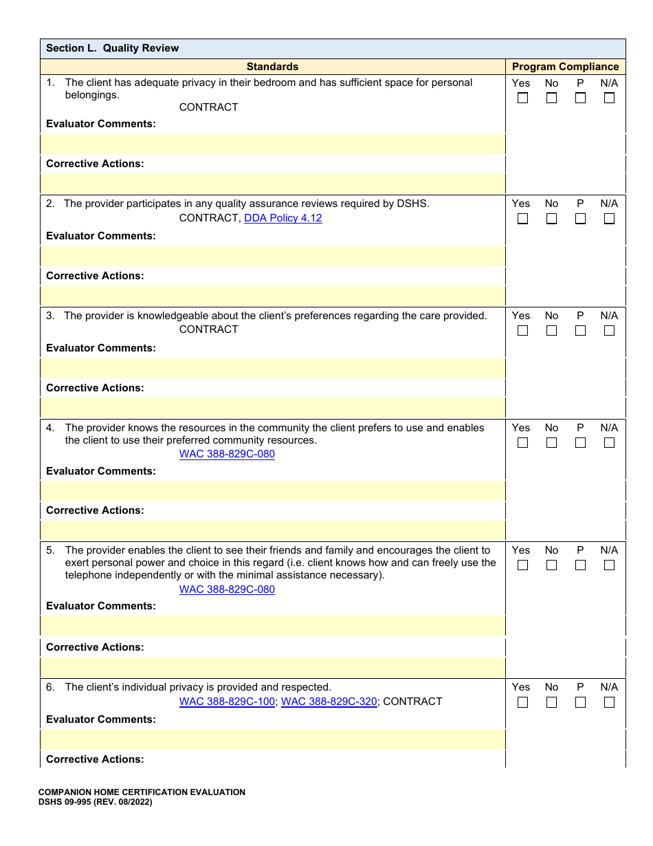 DSHS Form 09-995 Companion Home Certification Evaluation - Washington, Page 22