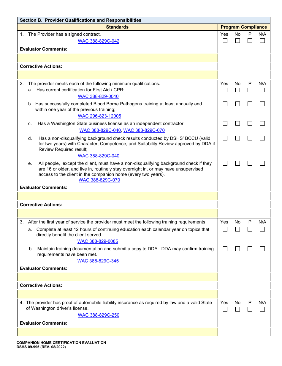 DSHS Form 09-995 Companion Home Certification Evaluation - Washington, Page 3