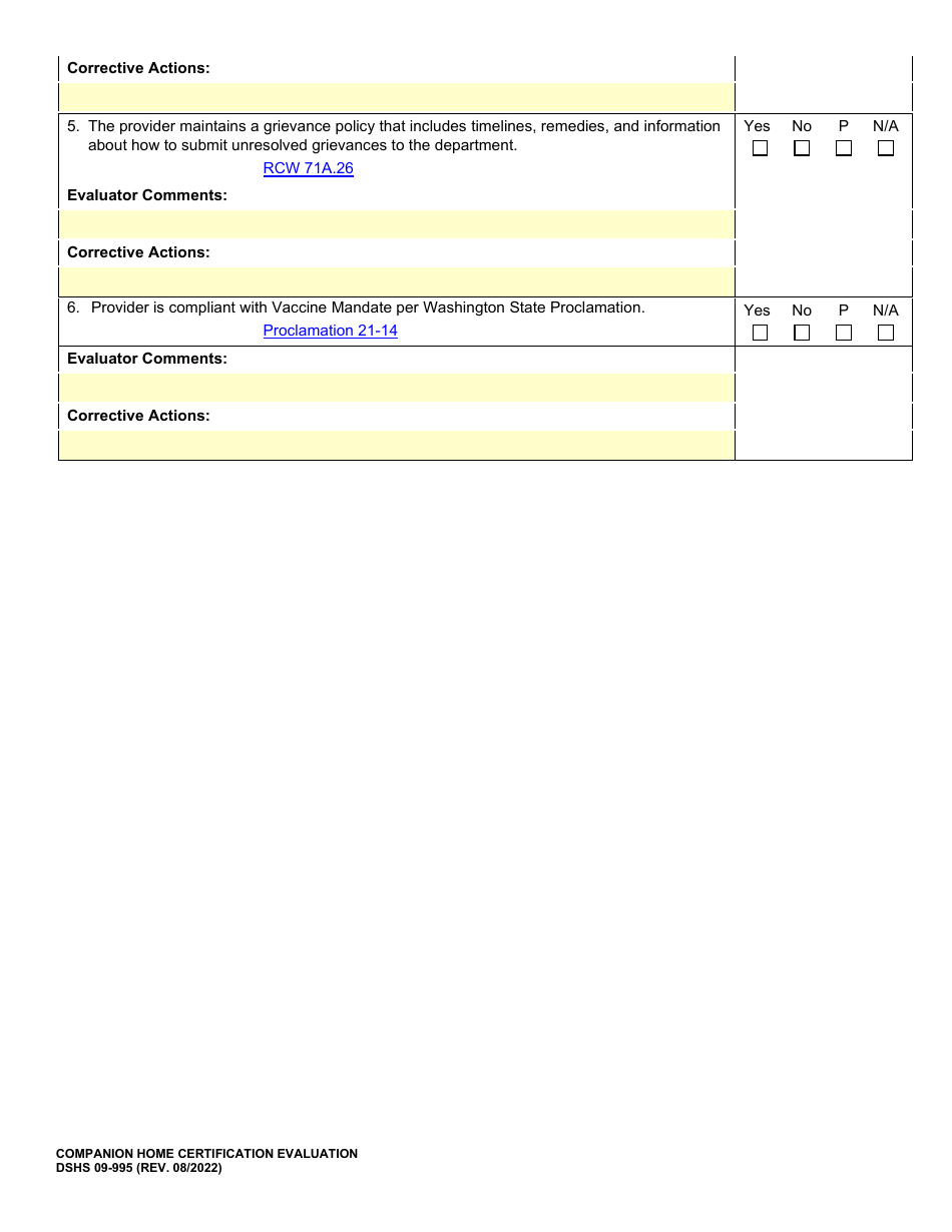 DSHS Form 09-995 Companion Home Certification Evaluation - Washington, Page 4