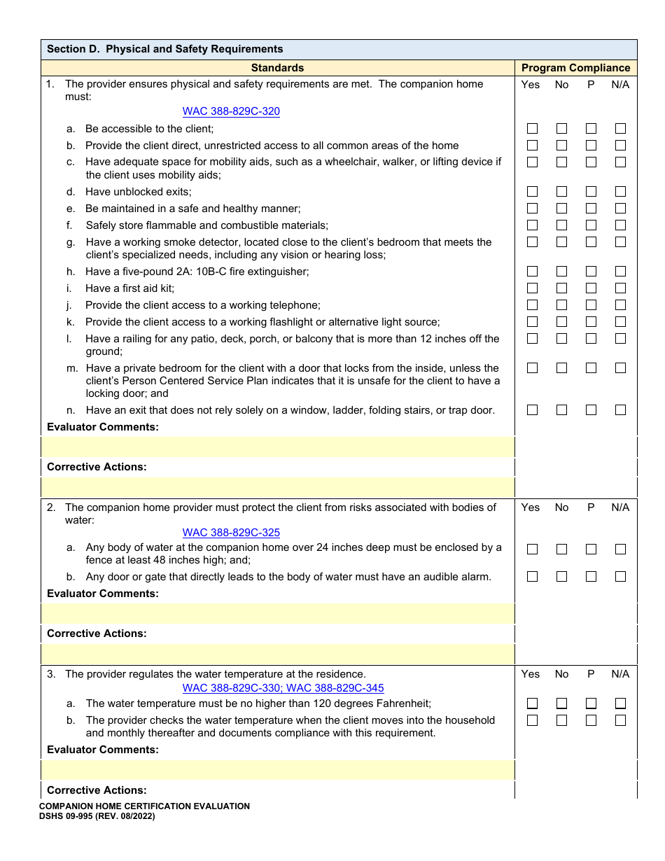 DSHS Form 09-995 Companion Home Certification Evaluation - Washington, Page 6