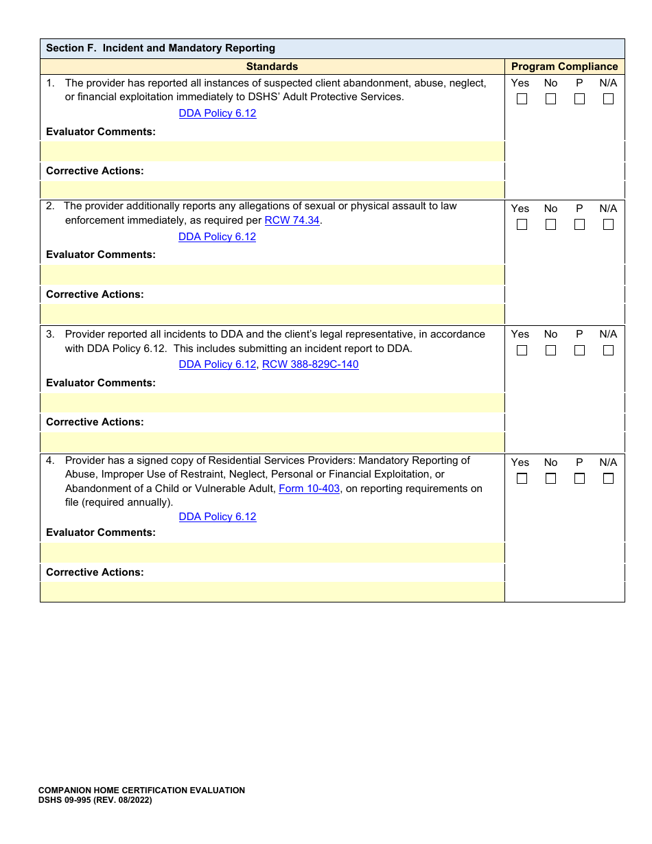 DSHS Form 09-995 Companion Home Certification Evaluation - Washington, Page 9