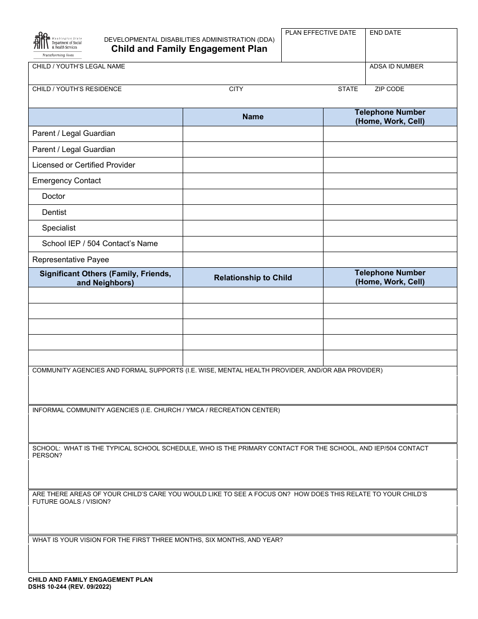 DSHS Form 10-244 Child and Family Engagement Plan - Washington, Page 1