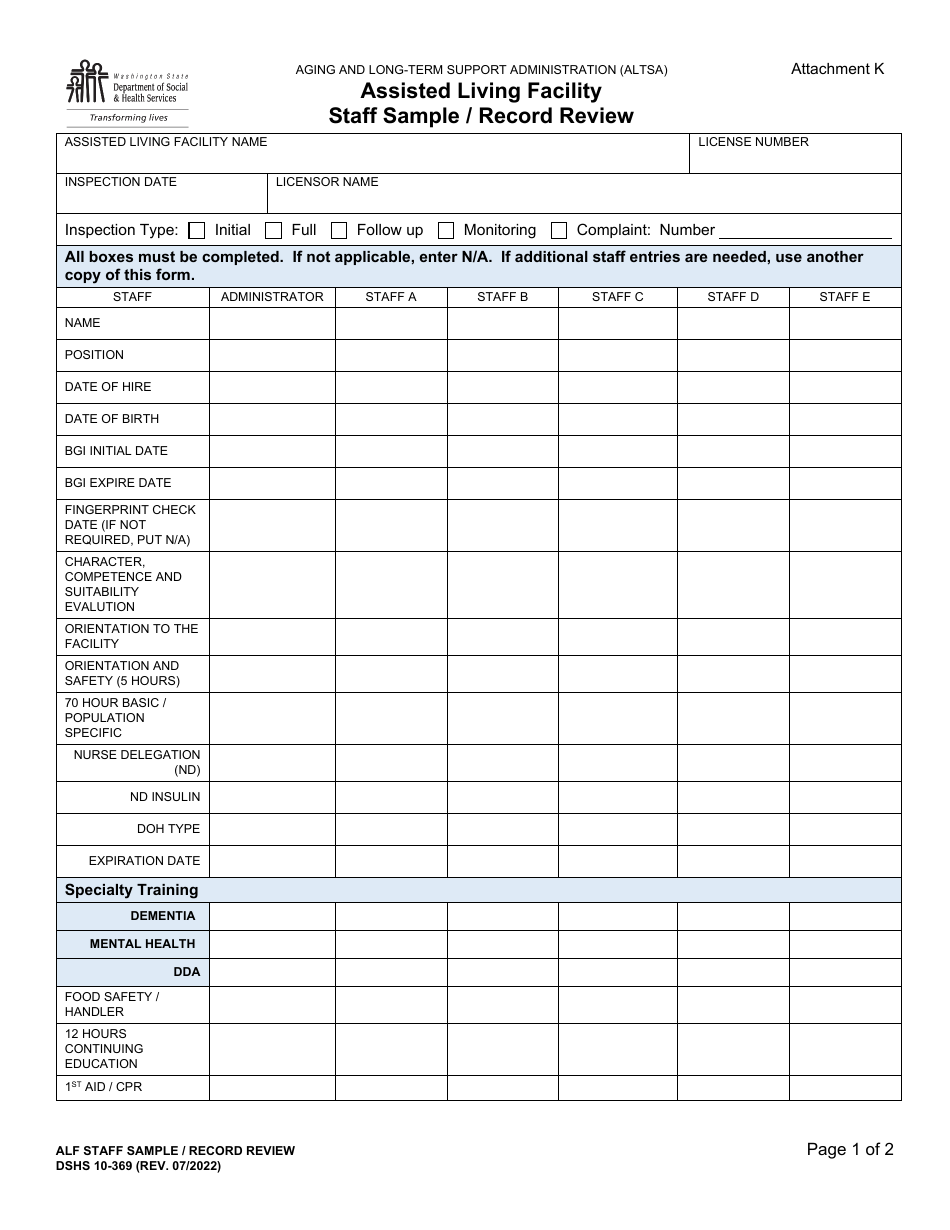 DSHS Form 10-369 Attachment K Assisted Living Facility Staff Sample / Record Review - Washington, Page 1
