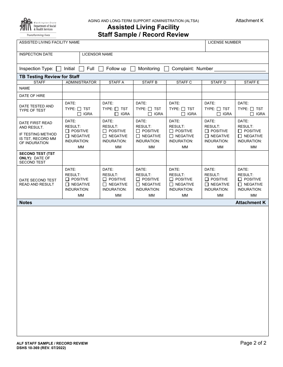 DSHS Form 10-369 Attachment K Assisted Living Facility Staff Sample / Record Review - Washington, Page 2