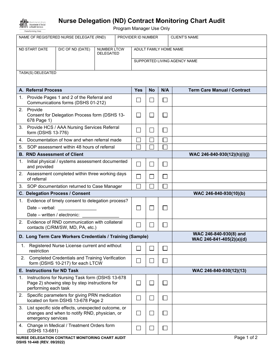 DSHS Form 10-448 Nurse Delegation (Nd) Contract Monitoring Chart Audit - Washington, Page 1